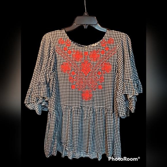 Entro boutique brand women's rayon blouse flowy gingham embroidered sz medium - Picture 2 of 6